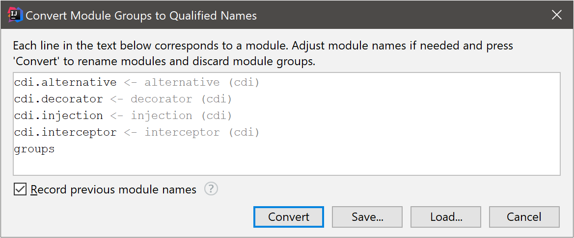 モジュールグループを修飾名に変換ダイアログ Convert Module Groups to Qualified Names dialog