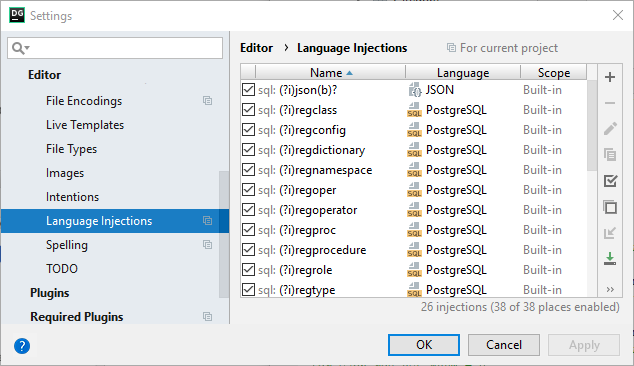 言語の注入設定 Language injections settings