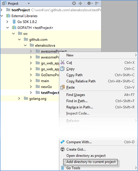 プロジェクトにディレクトリーを追加する go add dir to project