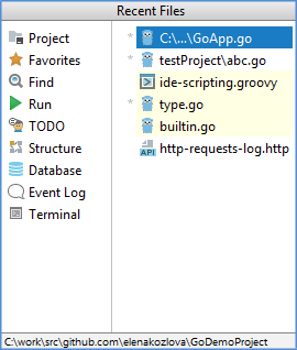 最近のファイルを見る go recent files