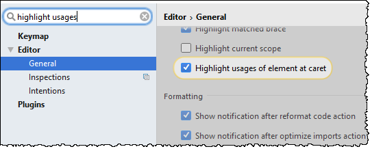 強調表示の使用オプション highlight usages option