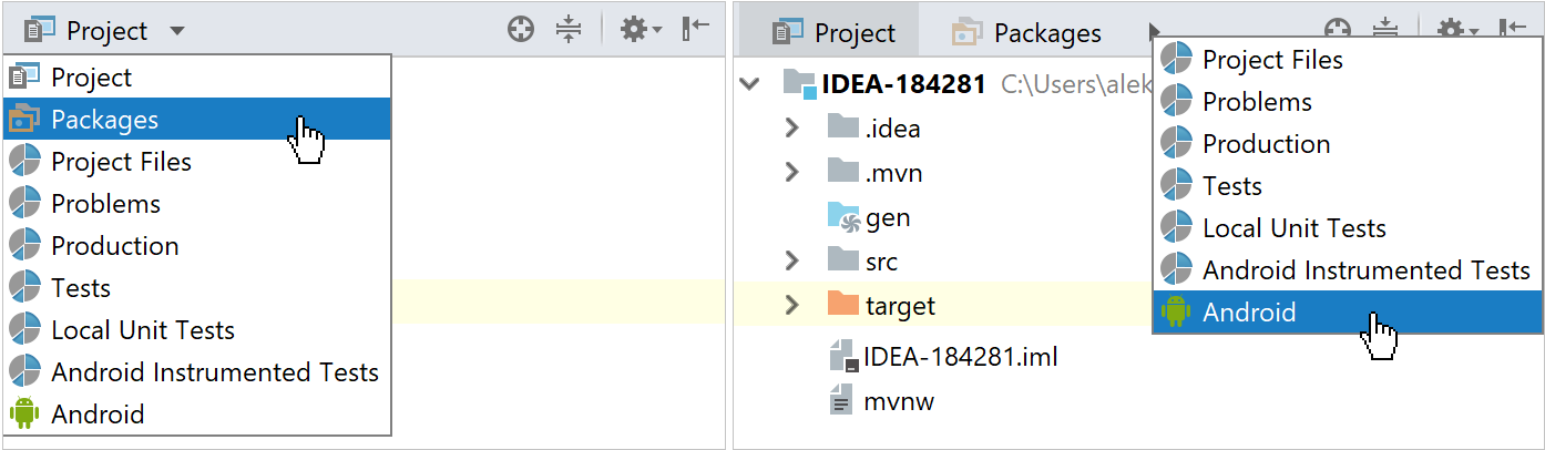 プロジェクトツールのウィンドウビュー project tool window views
