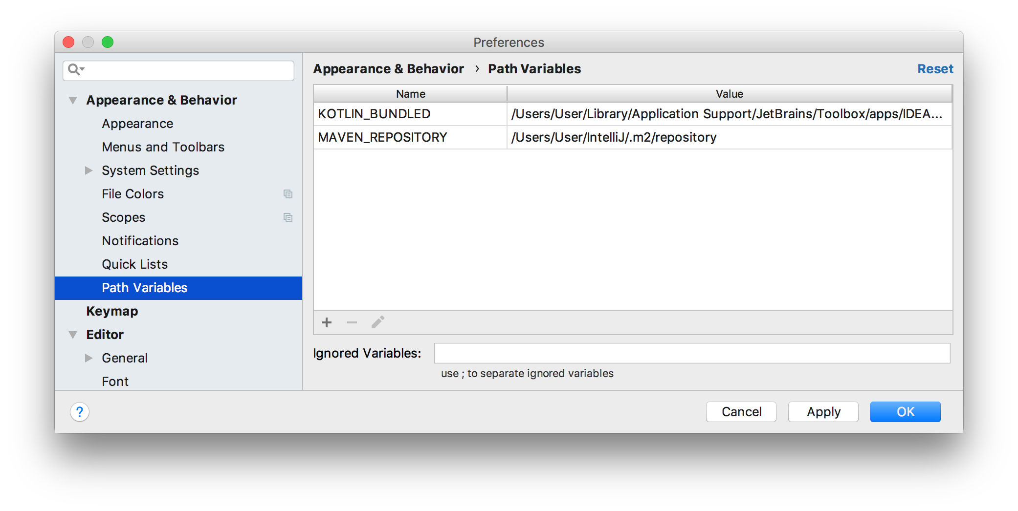 パス変数ダイアログ Path Variables dialog