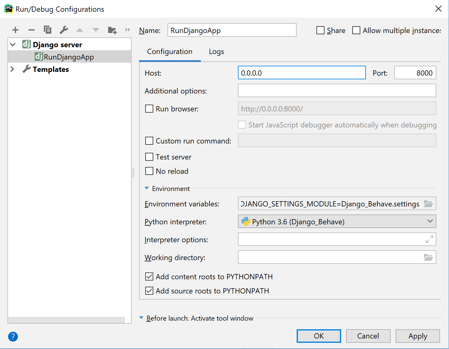 Run/Debug configuration for a Django server Run/Debug configuration for a Django server
