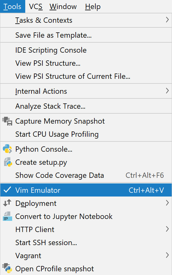 ツールメニューのVim Emulator Vim Emulator in the Tools menu