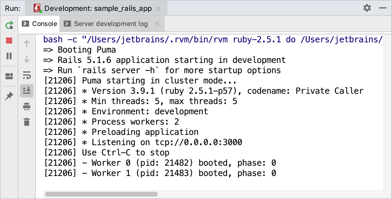 ツールウィンドウを実行する/ Railsアプリケーションを実行する Run tool window / run Rails application