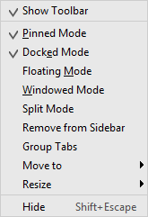 ツールウィンドウボタンのコンテキストメニュー tool window button context menu