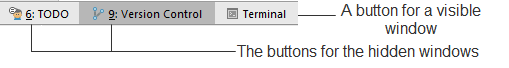 可視および非表示のツールウィンドウ用のボタン Buttons for visible and hidden tool windows