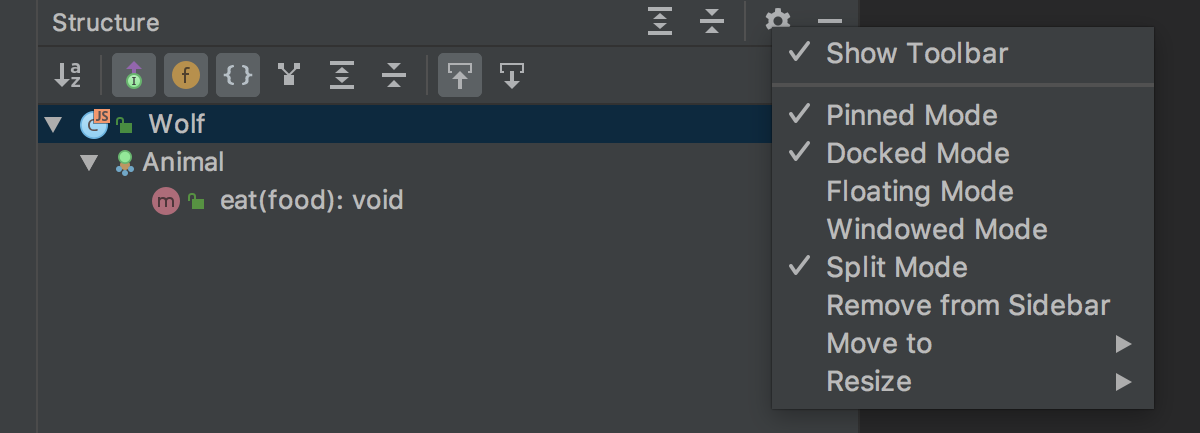 ツール・ウィンドウ: タイトルバーの設定ボタンを押したときのコンテキストメニュー Tool window: context menu on pressing the Settings button on the title bar