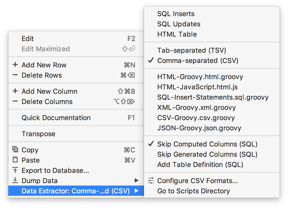テーブルエディターのコンテキストメニュー The table editor context menu