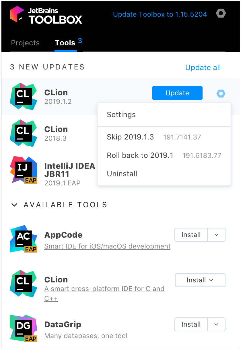 ToolboxアプリのCLion CLion in the Toolbox app