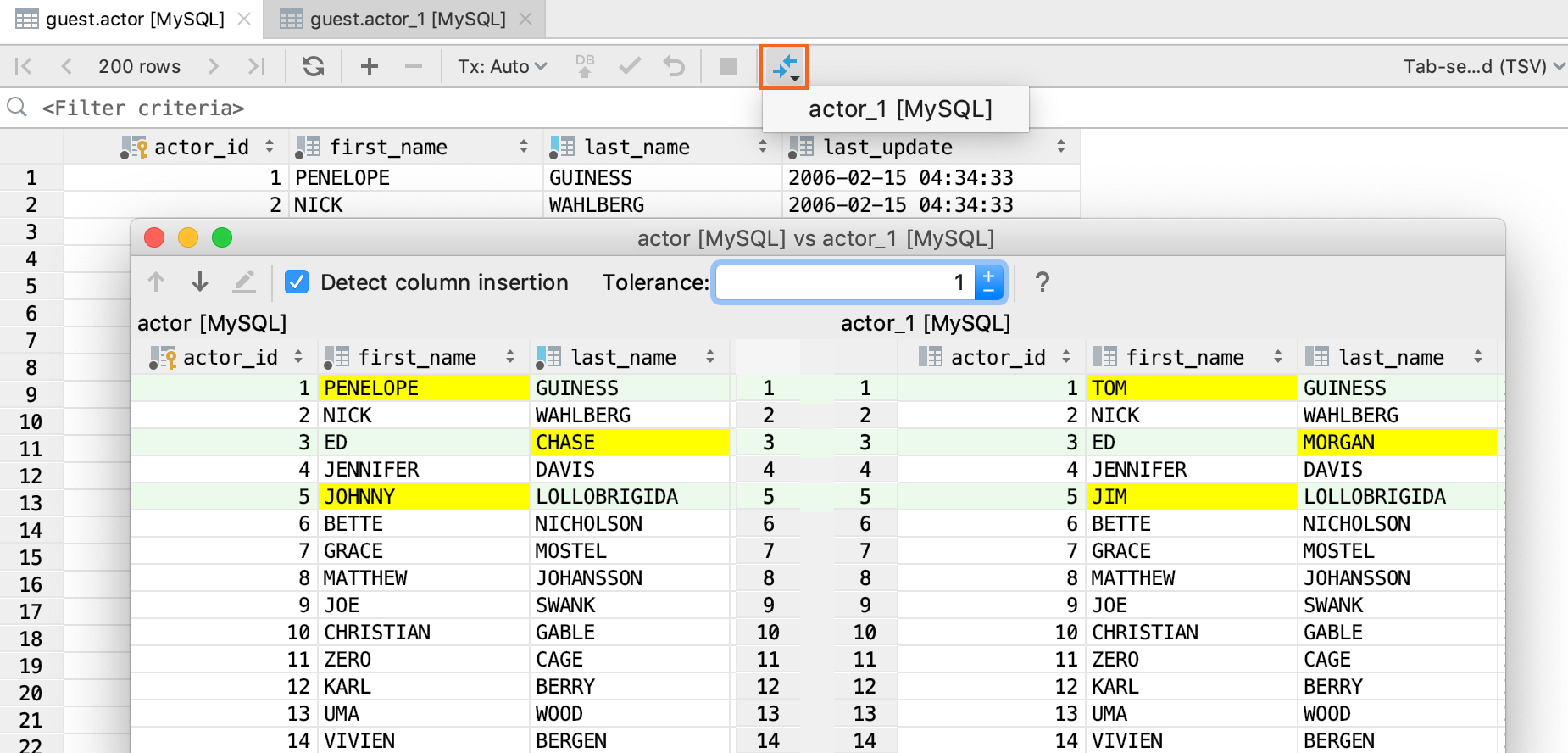 2つの表を比較 Compare two tables