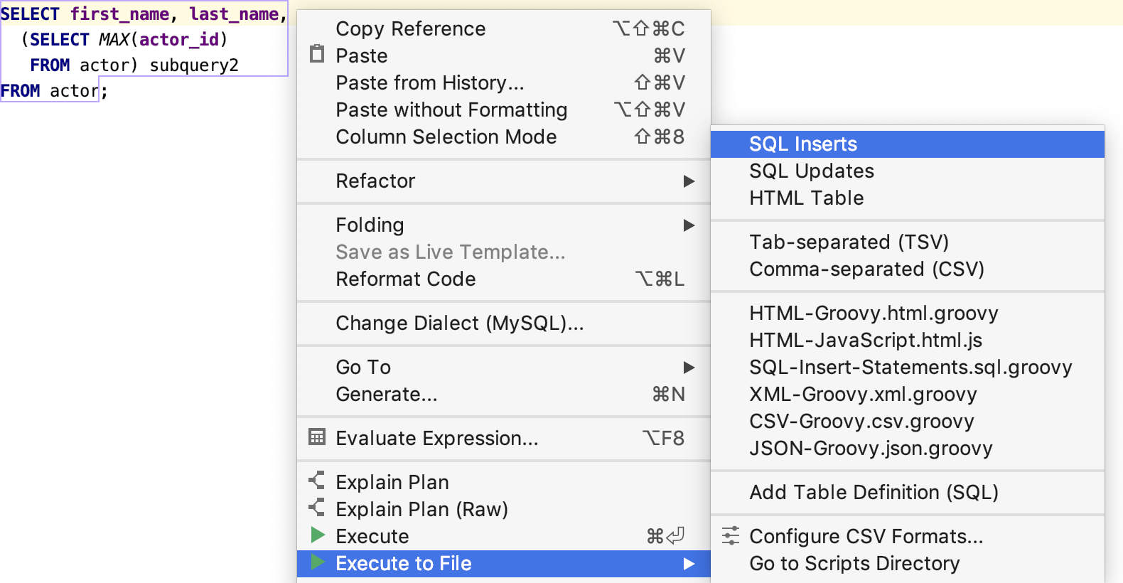 SELECTステートメントの結果をファイルに保存する Save the result of a SELECT statement into a file