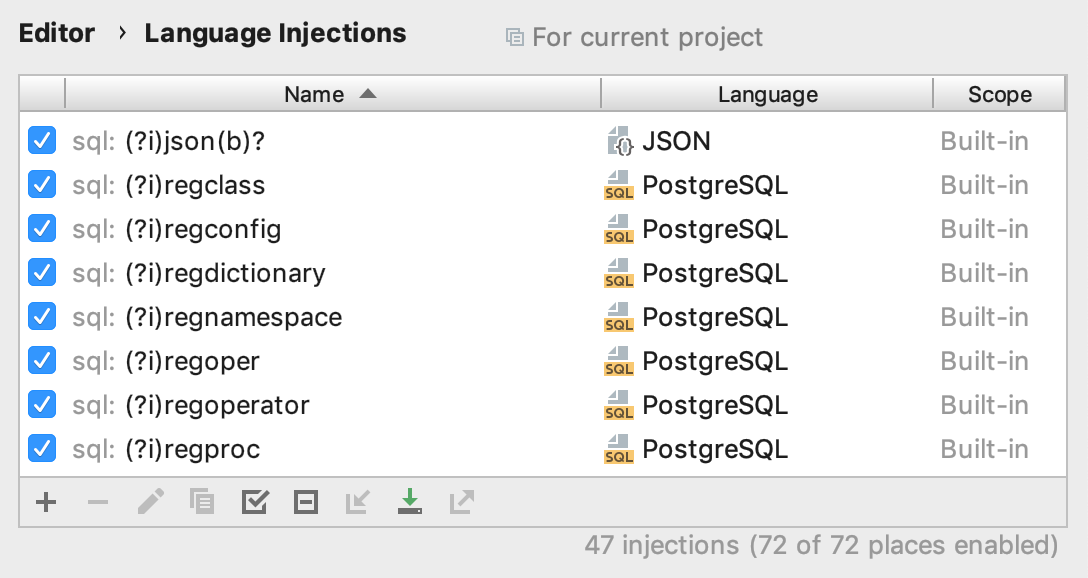 言語のインジェクション設定 Language injections settings