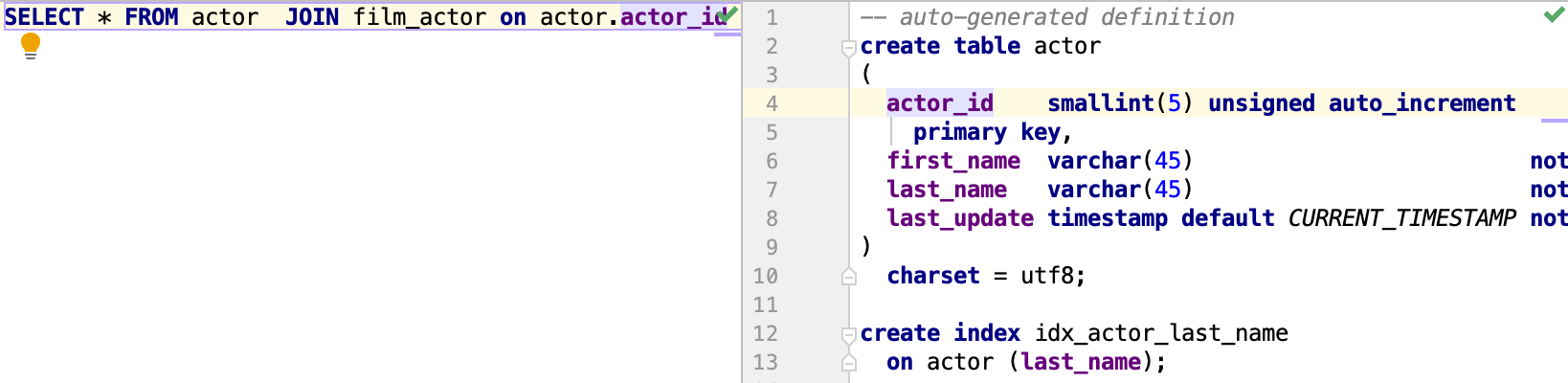 DDLエディターで定義を開く Open a definition in the DDL editor