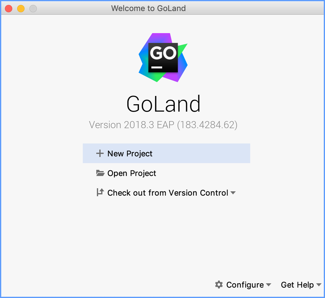 GoLandウェルカムスクリーン The GoLand welcome screen
