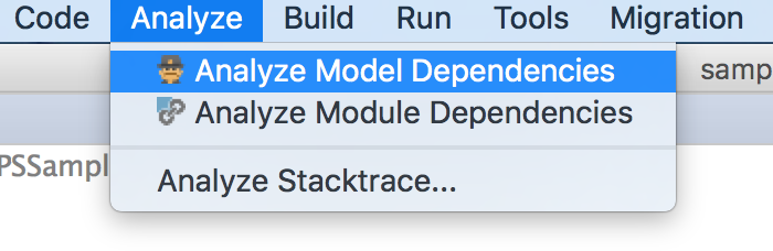 メインメニューからのDependencies Analyzer Dependencies Analyzer from the main menu