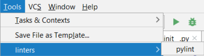 pylintは外部ツールメニューに表示されます pylint is shown in the External Tools menu