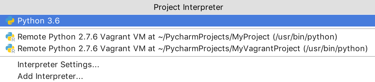 プロジェクトインタープリターウィジェット Project interpreter widget