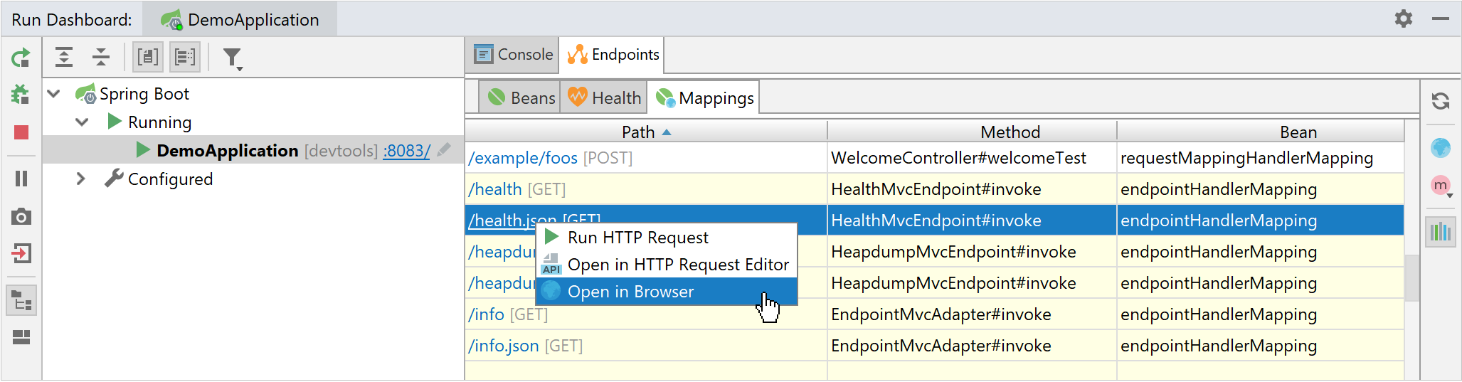 実行ダッシュボードからHTTPリクエストマッピングを開く Opening HTTP request mappings from the Run dashboard