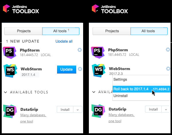 JetBrains ToolboxでWebStormを更新する Updating WebStorm in the JetBrains Toolbox