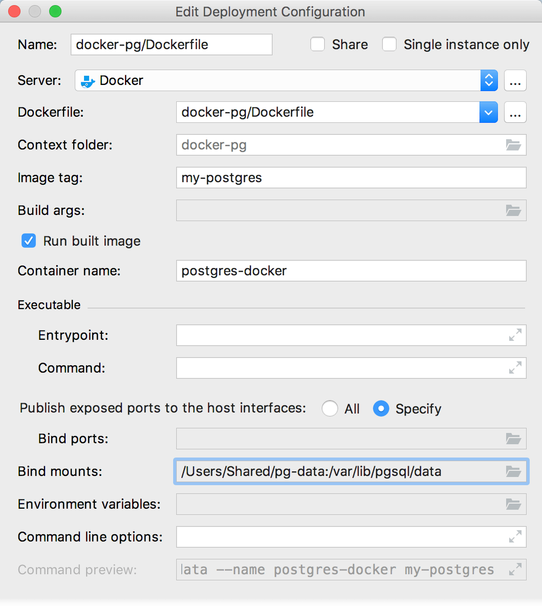 バインド・マウントによるEdit デプロイ Configurationダイアログ The Edit Deployment Configuration dialog with bind mounts