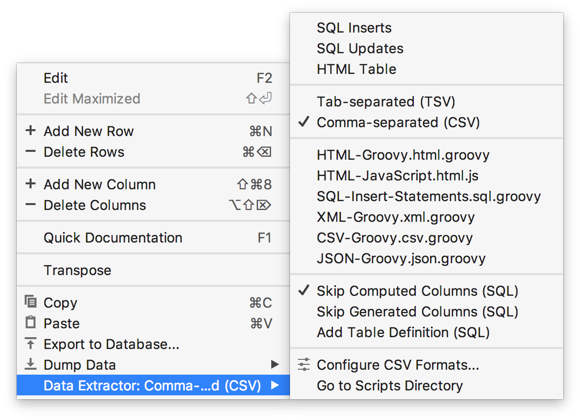 データエディターのコンテキストメニュー The data editor context menu