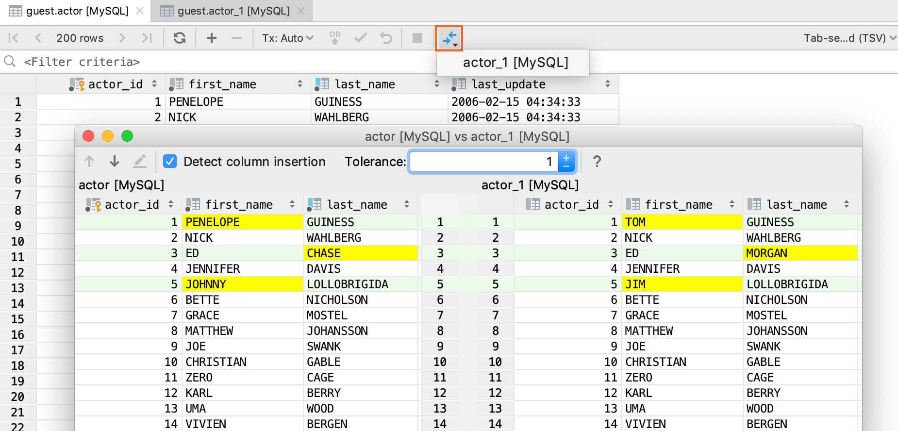 2つの表を比較 Compare two tables