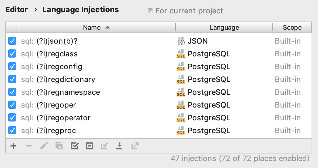 言語のインジェクション設定 Language injections settings