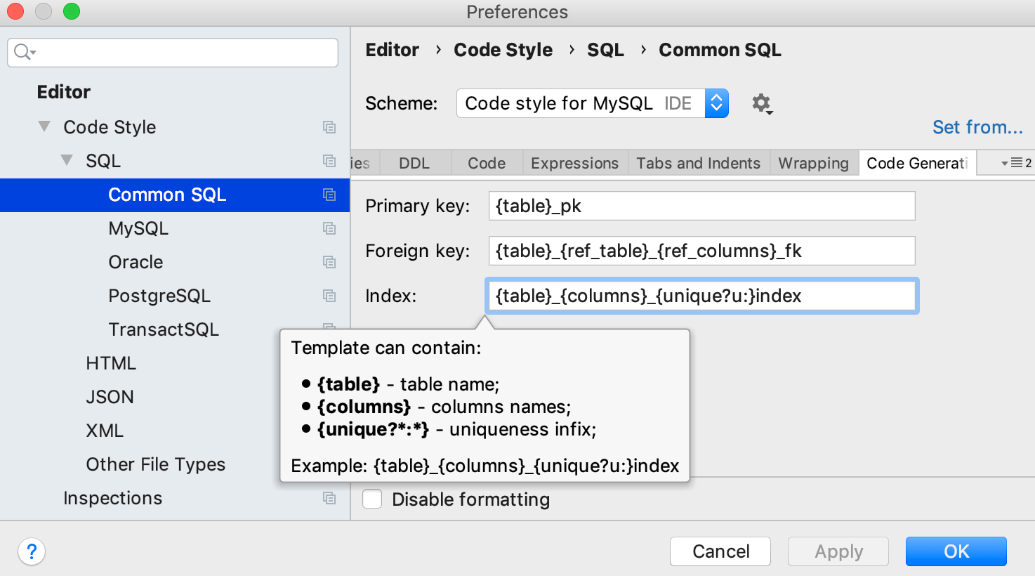 生成されたインデックスとキー名のテンプレートを変更する Modify templates for generated index and key names