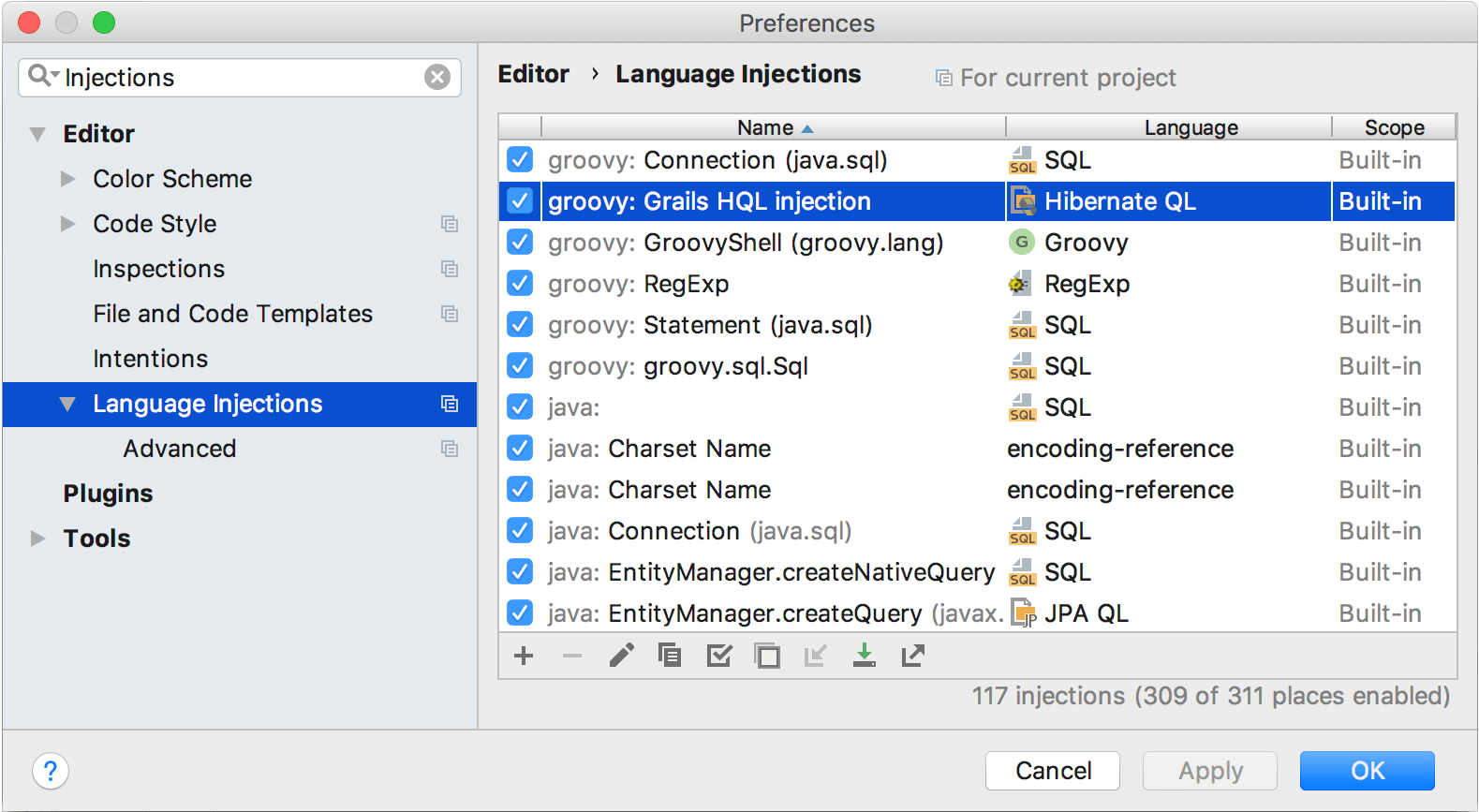 言語のインジェクション設定 Language injections settings