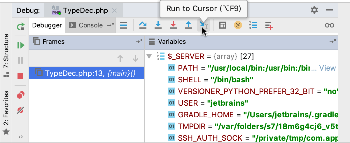 カーソル位置まで実行 Run to cursor