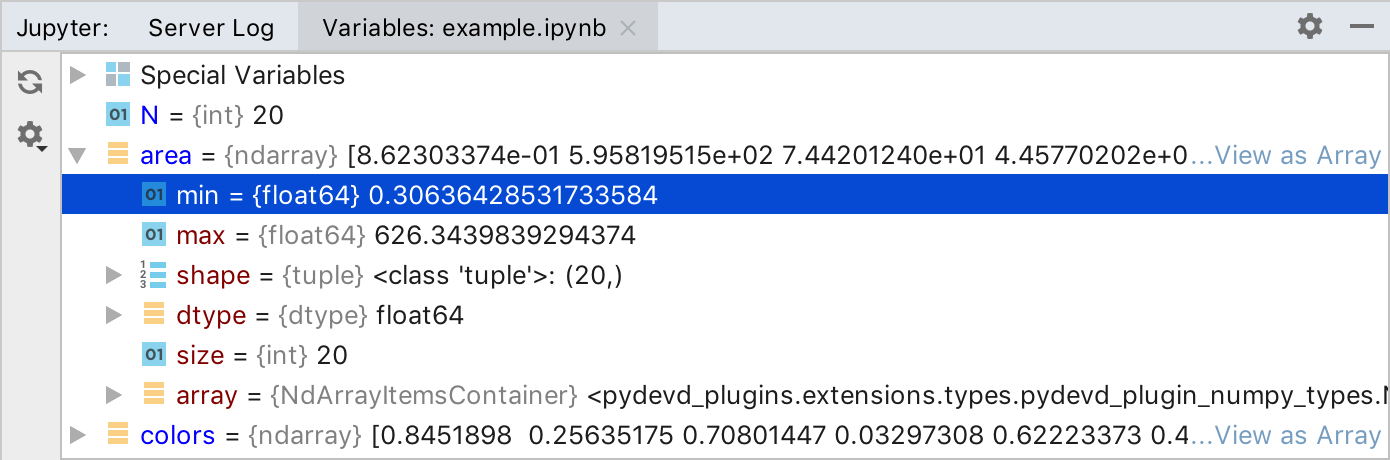 Jupyterサーバーツールウィンドウ: 「変数」タブ Jupyter server tool window: the Variables tab