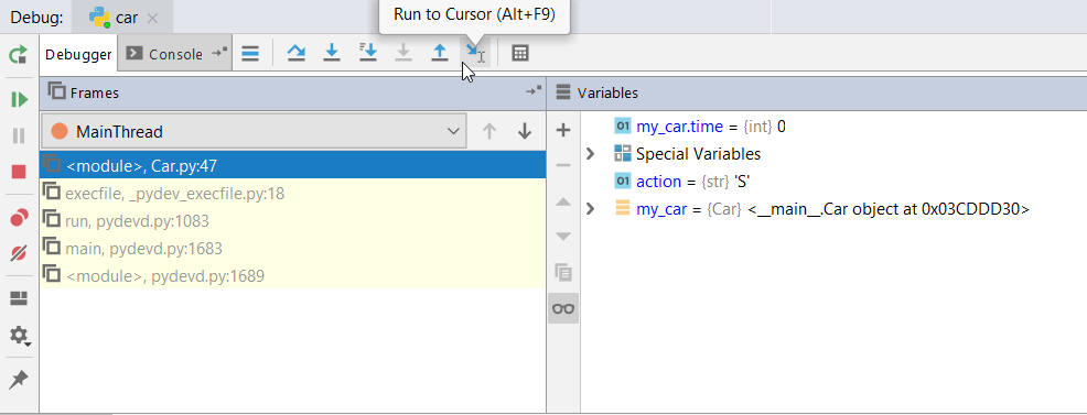 カーソル位置まで実行 Run to cursor