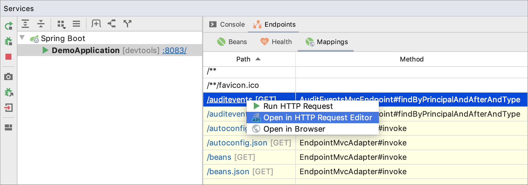 「サービス」ツールウィンドウからHTTP要求マッピングを開く Opening HTTP request mappings from Services tool window
