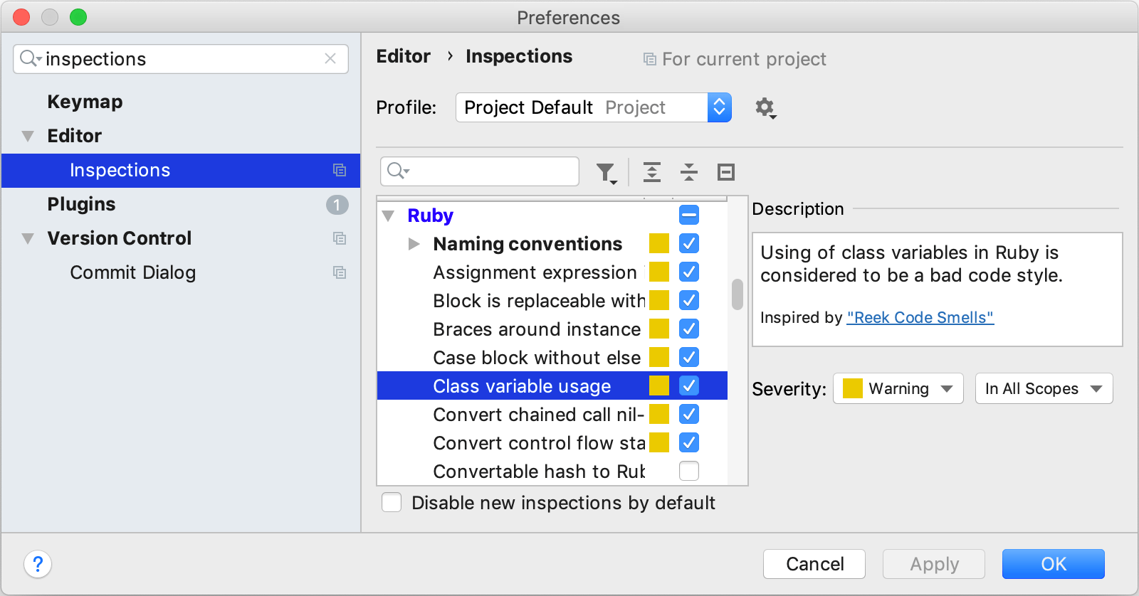 インスペクションのリストとその設定 The list of inspections and their settings