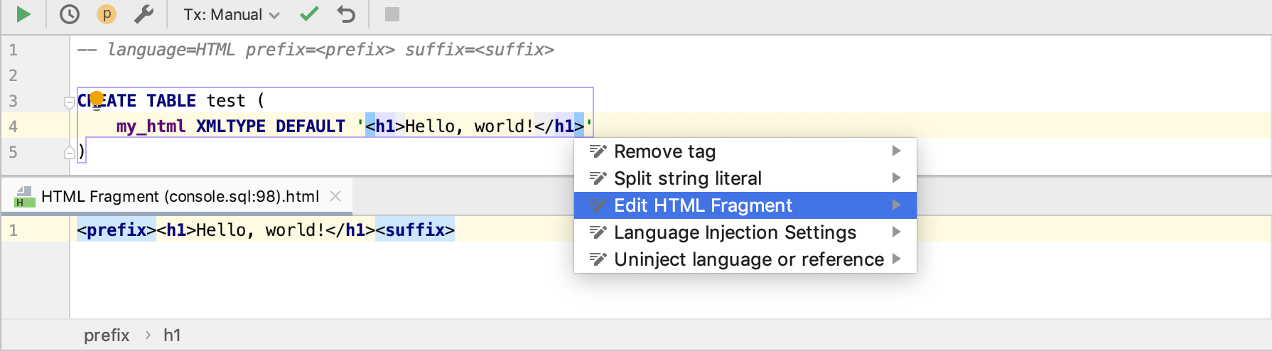 言語インジェクションでのプレフィックスとサフィックスの使用 Using prefixes and suffixes in language injection