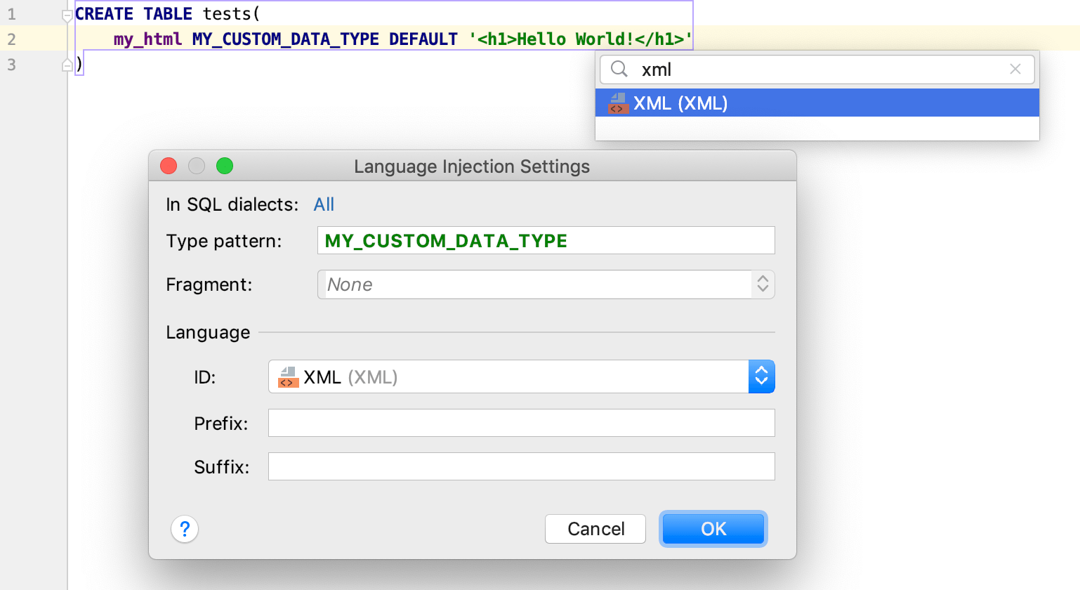 ユーザー定義データ型の言語を挿入する Inject a language for user-defined data types