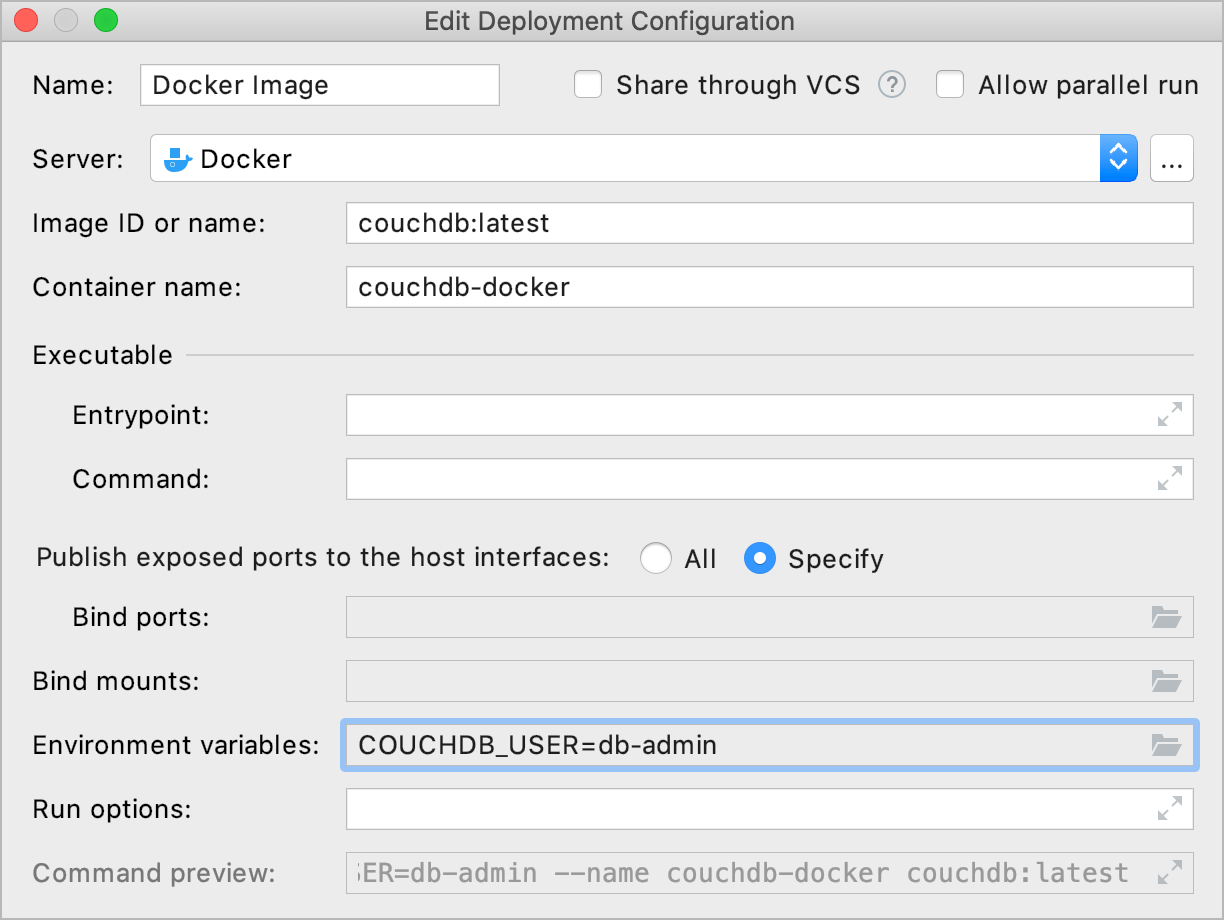 環境変数を使用したEdit デプロイ Configurationダイアログ The Edit Deployment Configuration dialog with environment variables