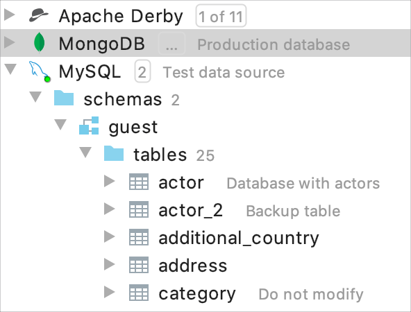 データベースとテーブルの説明を表示する Show descriptions for databases and tables