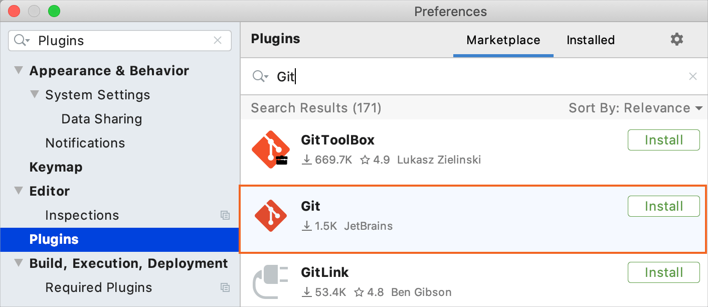 JetBrainsによるGitプラグインのインストール Install the Git plugin by JetBrains
