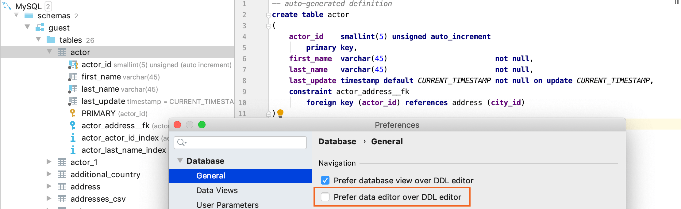 データベースツリービューでオブジェクトのDDL定義を開く Open a DDL definition of an object in the database tree view