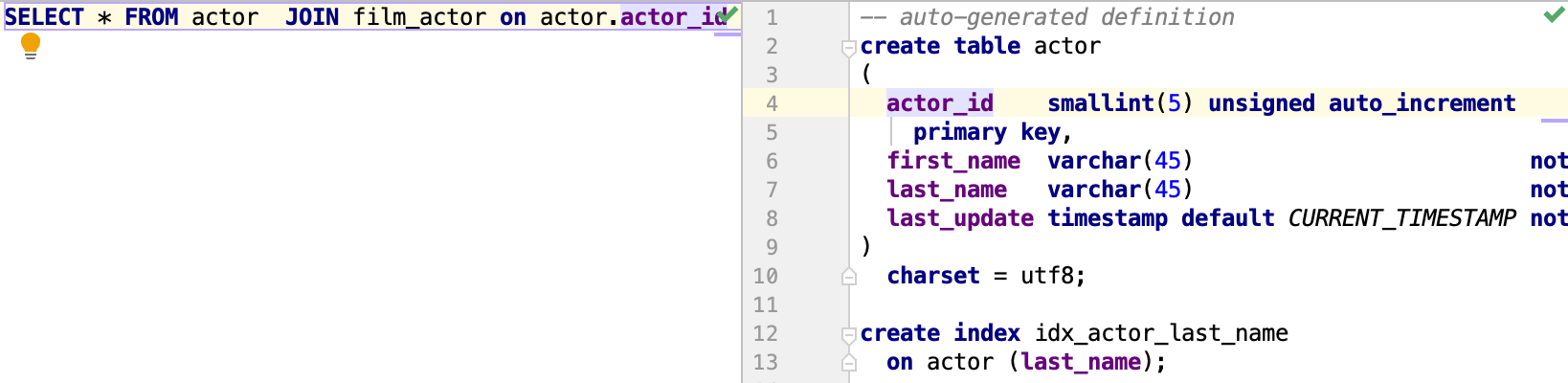 DDLエディターで定義を開く Open a definition in the DDL editor