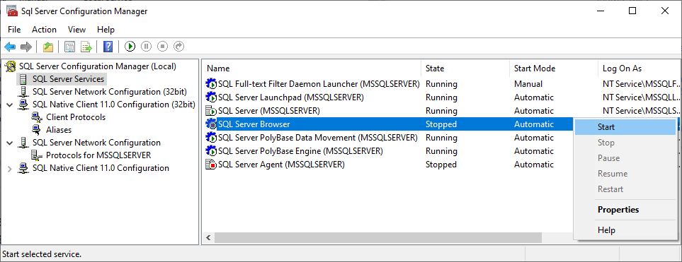 SQL Serverブラウザーを実行する Run the SQL Server Browser