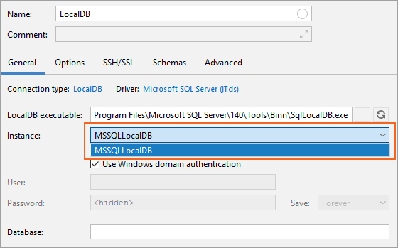 接続先のLocalDBインスタンスを選択する Select the LocalDB instance to which you want to connect to
