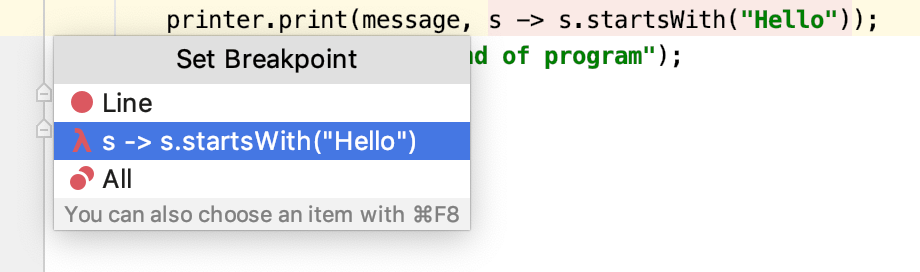 ポップアップにより、通常の行ブレークポイントとラムダブレークポイントを選択できます A popup lets you select between a regular line breakpoint and a lambda breakpoint