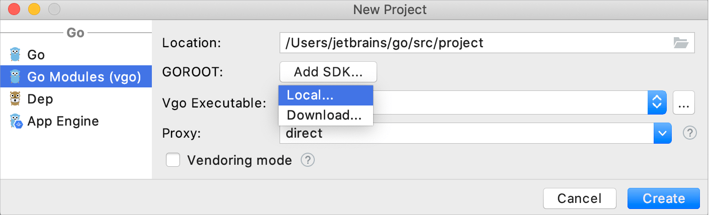 Go SDKのローカルコピーを選択 Select a local copy of Go SDK