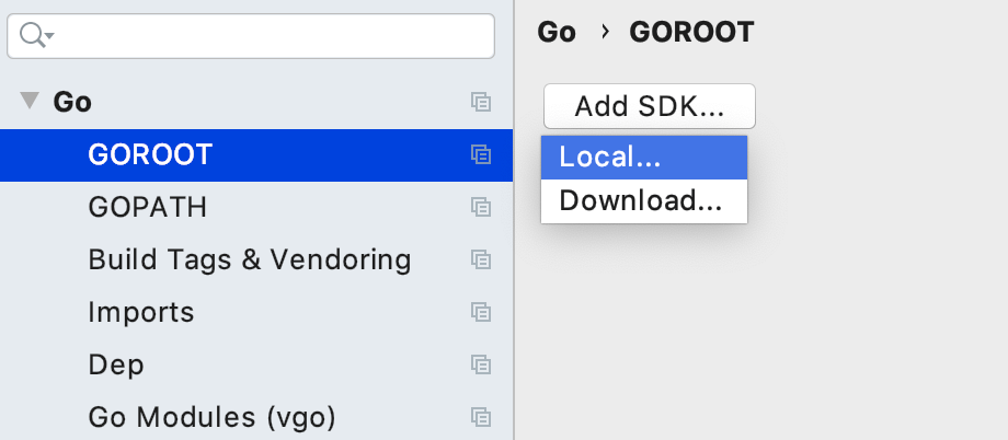 Go SDKのローカルコピーを選択 Select a local copy of Go SDK