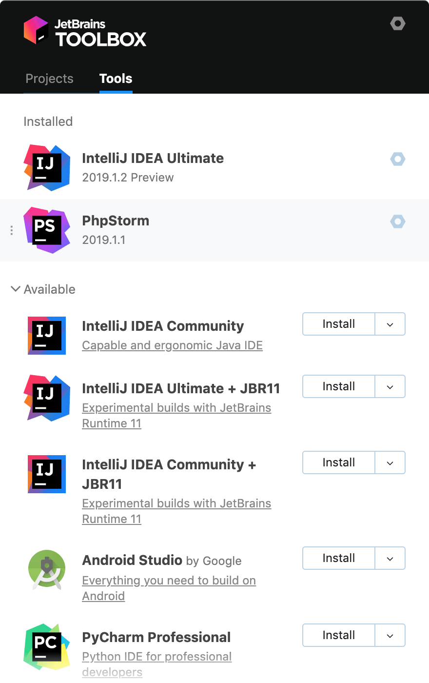 ToolboxアプリのPhpStorm PhpStorm in the Toolbox app