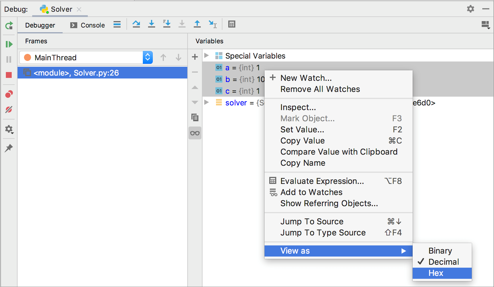 16進形式で10進値をプレビューするコンテンツメニュー Content menu to preview decimal values in the hexadecimal format